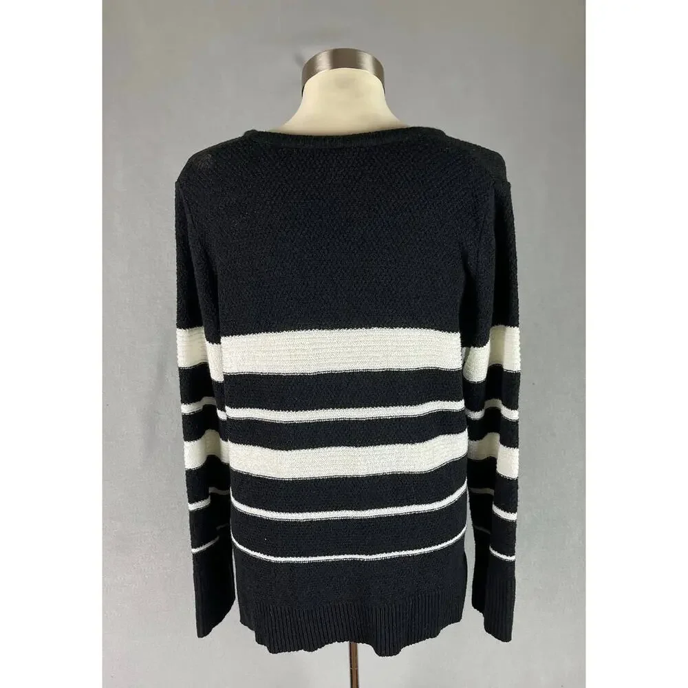 Calvin Klein Womens Medium V Neck Sweater Black White Stripe
